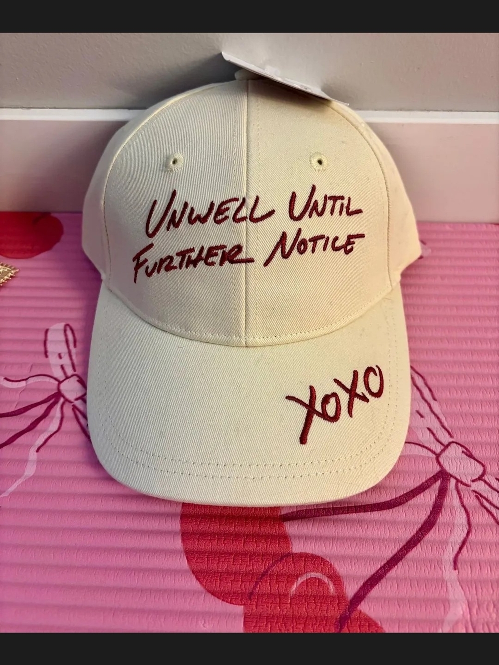 Cream Dad Hat with Burgundy Script "Unwell Until Further Notice"
